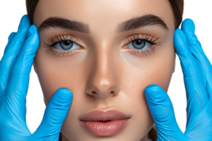 Young woman ready for rhinoplasty, doctor in blue gloves touching her face on isolated transparent background png