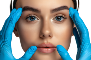 Young woman ready for rhinoplasty, doctor in blue gloves touching her face on isolated transparent background png