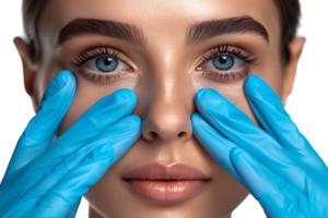 jovem mulher pronto para rinoplastia, médico dentro azul luvas tocante dela face em isolado transparente fundo png