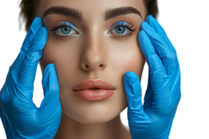 jung Frau bereit zum Nasenkorrektur, Arzt im Blau Handschuhe berühren ihr Gesicht auf isoliert transparent Hintergrund png