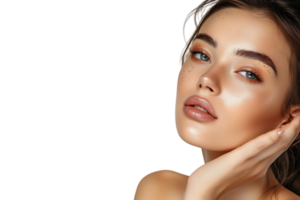 belleza mujer con mano cerca rostro, piel cuidado tratamiento o cosmético anuncios hermosa hembra modelo en aislado transparente antecedentes png