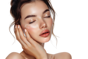 Beauty woman with hand near face, Skin care treatment or cosmetic ads. Beautiful female model on isolated transparent background png