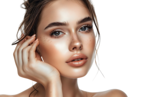 Schönheit Frau mit Hand in der Nähe von Gesicht, Haut Pflege Behandlung oder kosmetisch Anzeigen. schön weiblich Modell- auf isoliert transparent Hintergrund png