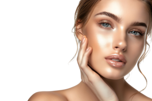 belleza mujer con mano cerca rostro, piel cuidado tratamiento o cosmético anuncios hermosa hembra modelo en aislado transparente antecedentes png