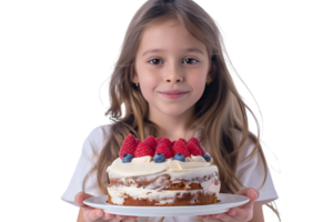Mädchen mit ein Kuchen zum ein Geburtstag auf isoliert transparent Hintergrund png