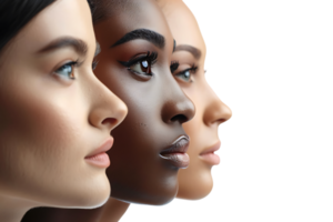 la diversité concept. bannière de moitié visage femme, africain et caucasien femelles sur isolé transparent Contexte png