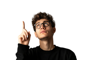 European man in total black wearing eyeglasses, pointing upwards with finger on isolated transparent background png