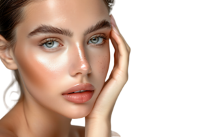 skönhet kvinna med hand nära ansikte, hud vård behandling eller kosmetisk annonser. skön kvinna modell på isolerat transparent bakgrund png