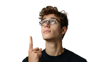 European man in total black wearing eyeglasses, pointing upwards with finger on isolated transparent background png