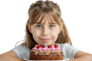 niña con un pastel para un cumpleaños en aislado transparente antecedentes png