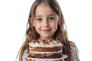 Mädchen mit ein Kuchen zum ein Geburtstag auf isoliert transparent Hintergrund png