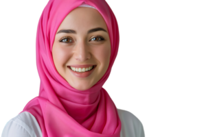 feliz muçulmano mulher dentro Rosa hijab, alegremente sorrisos às Câmera, posando em isolado transparente fundo png