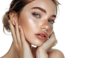 belleza mujer con mano cerca rostro, piel cuidado tratamiento o cosmético anuncios hermosa hembra modelo en aislado transparente antecedentes png