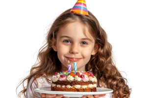 Girl with a cake for a birthday on isolated transparent background png