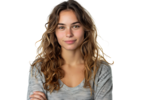 Portrait of young European woman standing with crossed arms on isolated transparent background png