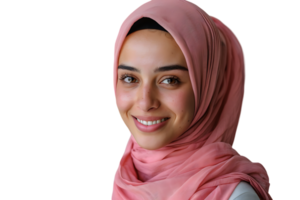 feliz muçulmano mulher dentro Rosa hijab, alegremente sorrisos às Câmera, posando em isolado transparente fundo png