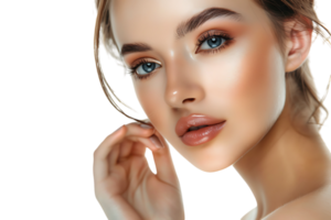 Schönheit Frau mit Hand in der Nähe von Gesicht, Haut Pflege Behandlung oder kosmetisch Anzeigen. schön weiblich Modell- auf isoliert transparent Hintergrund png