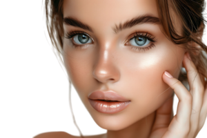 skönhet kvinna med hand nära ansikte, hud vård behandling eller kosmetisk annonser. skön kvinna modell på isolerat transparent bakgrund png