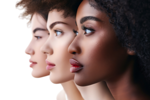 Diversity concept. Banner of half face woman, african and caucasian females on isolated transparent background png