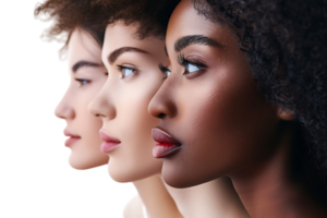 la diversité concept. bannière de moitié visage femme, africain et caucasien femelles sur isolé transparent Contexte png