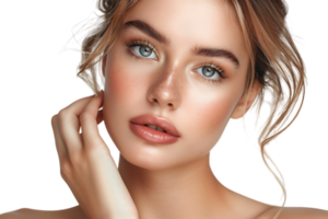 Beauty woman with hand near face, Skin care treatment or cosmetic ads. Beautiful female model on isolated transparent background png