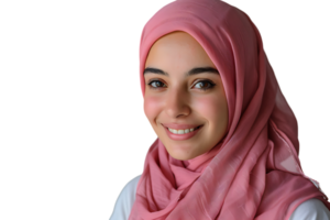 feliz muçulmano mulher dentro Rosa hijab, alegremente sorrisos às Câmera, posando em isolado transparente fundo png