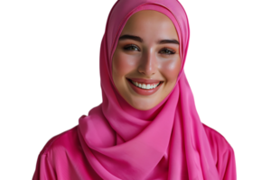 Happy Muslim woman in pink hijab, cheerfully smiles at camera, posing on isolated transparent background png