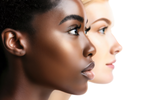 Vielfalt Konzept. Banner von Hälfte Gesicht Frau, afrikanisch und kaukasisch Frauen auf isoliert transparent Hintergrund png