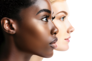 Diversity concept. Banner of half face woman, african and caucasian females on isolated transparent background png