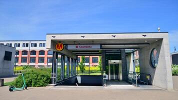 Warsaw, Poland. 3 May 2024. Second line of Warsaw Subway system. The entrance of a subway station. Warsaw Szwedzka photo