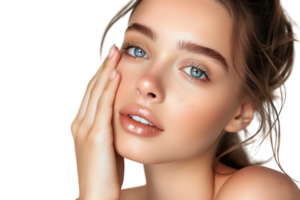 belleza mujer con mano cerca rostro, piel cuidado tratamiento o cosmético anuncios hermosa hembra modelo en aislado transparente antecedentes png