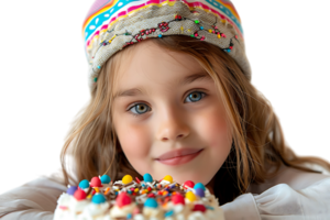 Girl with a cake for a birthday on isolated transparent background png