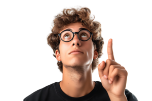 European man in total black wearing eyeglasses, pointing upwards with finger on isolated transparent background png