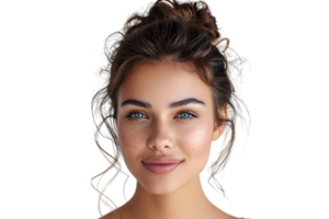 Half portrait of young beautiful girl with brown eyes, glowing face skin and lips on isolated transparent background png