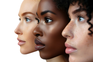 la diversité concept. bannière de moitié visage femme, africain et caucasien femelles sur isolé transparent Contexte png