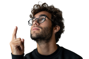 European man in total black wearing eyeglasses, pointing upwards with finger on isolated transparent background png