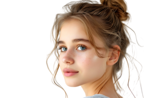 moitié portrait de Jeune magnifique fille avec marron yeux, embrasé visage peau et lèvres sur isolé transparent Contexte png