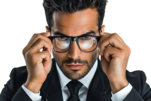 Intelligent business man wearing black suit holding his spectacles, on isolated transparent background png