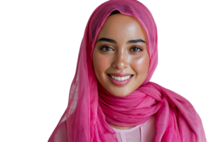 contento musulmán mujer en rosado hiyab, alegremente sonrisas a cámara, posando en aislado transparente antecedentes png