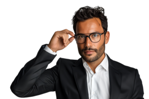 Intelligent business man wearing black suit holding his spectacles, on isolated transparent background png