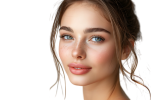 moitié portrait de Jeune magnifique fille avec marron yeux, embrasé visage peau et lèvres sur isolé transparent Contexte png