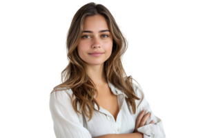 Portrait of young European woman standing with crossed arms on isolated transparent background png