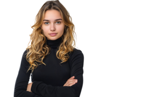 Portrait of young European woman standing with crossed arms on isolated transparent background png