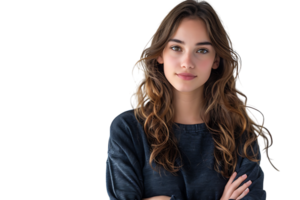 portrait de Jeune européen femme permanent avec franchi bras sur isolé transparent Contexte png