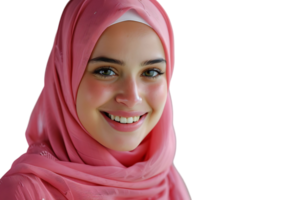 Happy Muslim woman in pink hijab, cheerfully smiles at camera, posing on isolated transparent background png