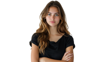 portrait de Jeune européen femme permanent avec franchi bras sur isolé transparent Contexte png