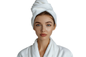 Woman in white bathrobe and towel on head standing on isolated transparent background png