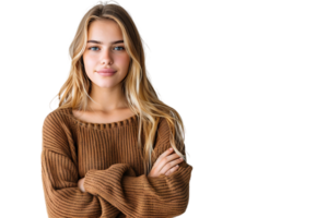 Portrait of young European woman standing with crossed arms on isolated transparent background png