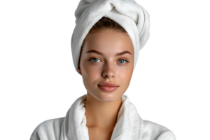 Woman in white bathrobe and towel on head standing on isolated transparent background png