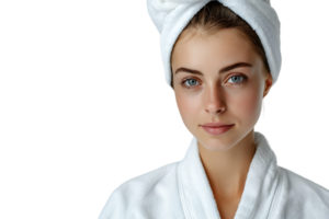 Woman in white bathrobe and towel on head standing on isolated transparent background png